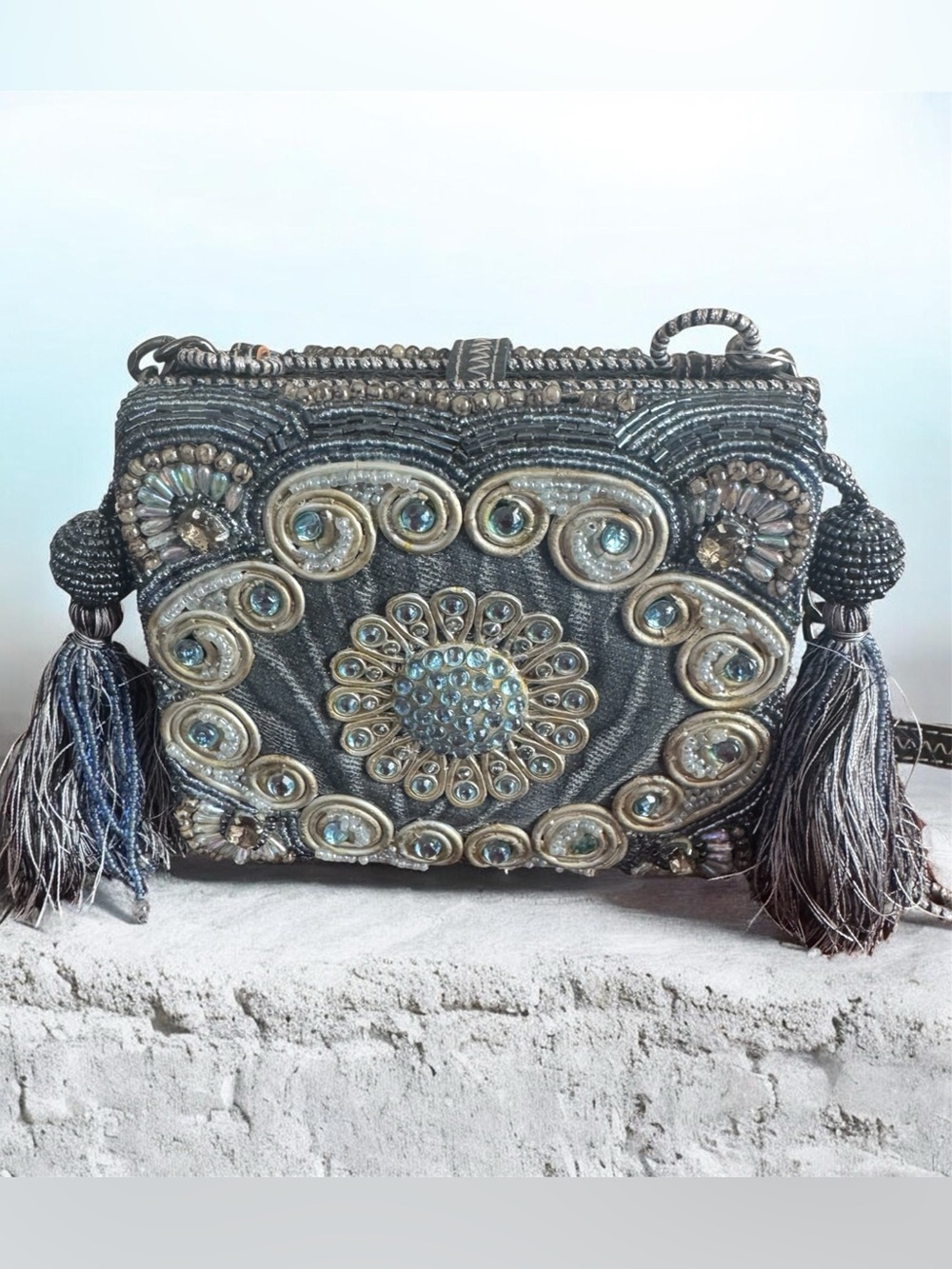 MARY FRANCES DARE BEADED SQUARE BAG BLUE SILVER